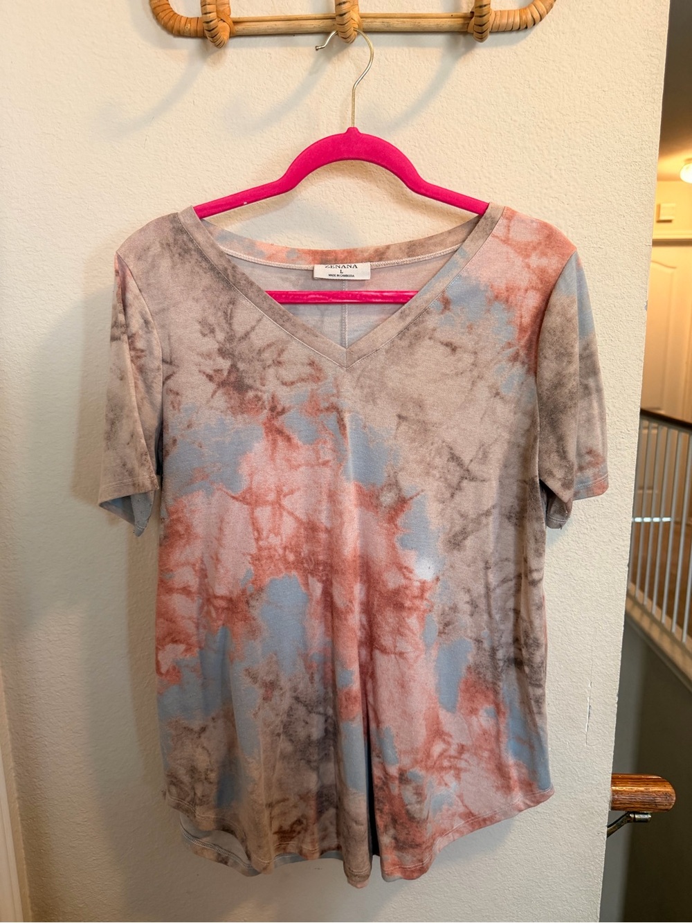 Zenana Outfitters Short Sleeve V-Neck Tie-Dye Top - Blue, Brown, Rust